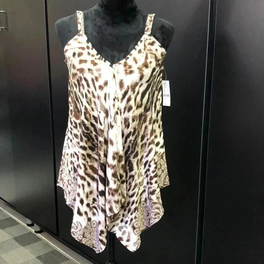 NY&Co. V-neck,spaghetti strap,long flowy, asymmetrical tank top,animal print  XS
